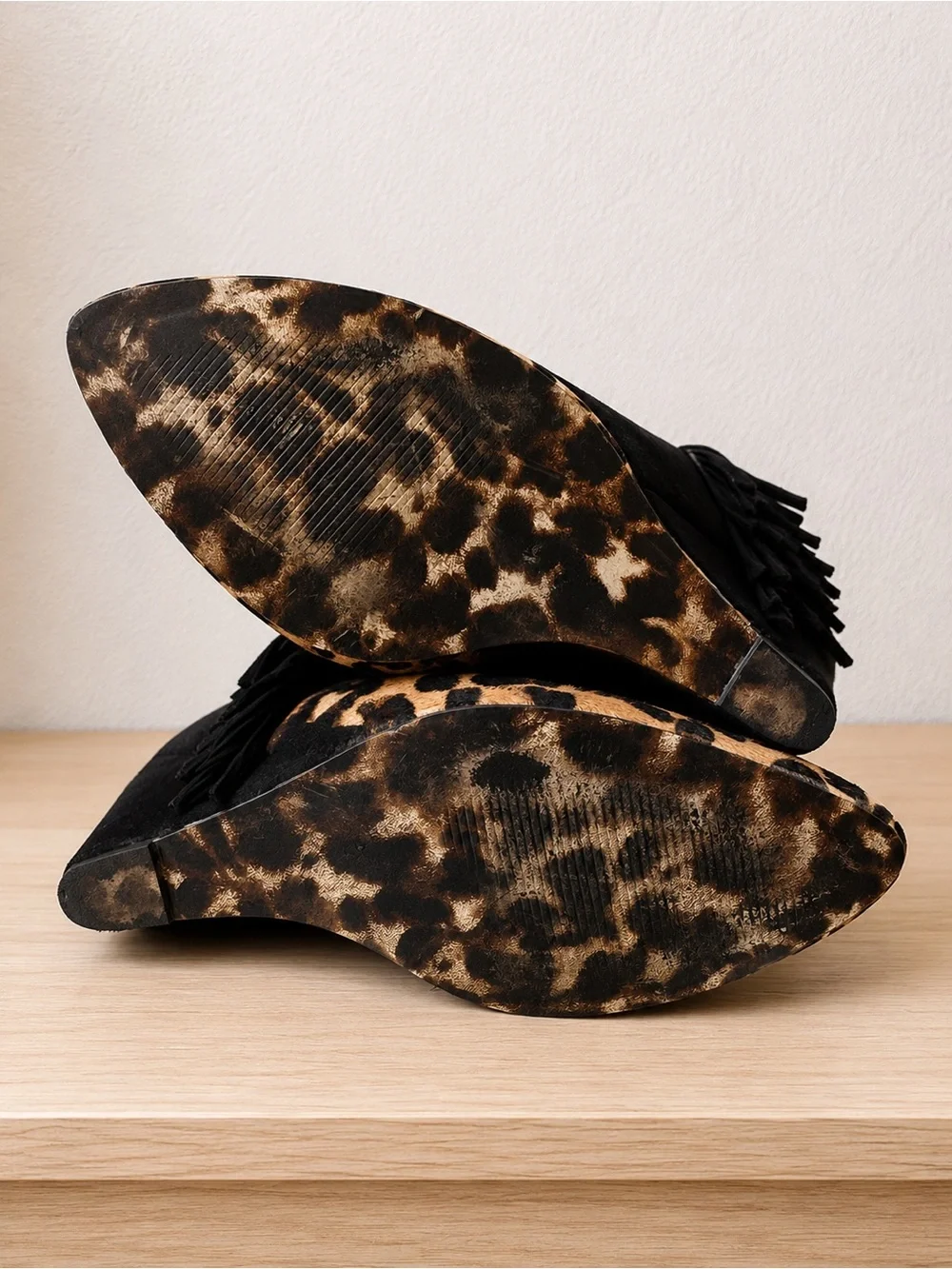 Betsey Johnson Leopard Haircalf  Fringe Wedge Ankle Boot - Black & Tan